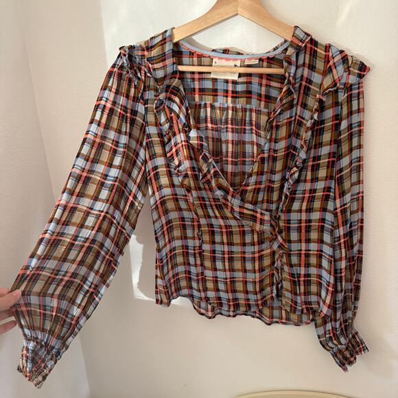 Maeve Anthropologie Laila Plaid Chiffon Ruffle Blouse Sz 8 - Picture 6 of 9